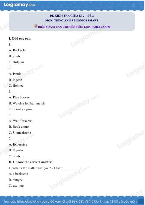 Đề thi giữa kì 2 Tiếng Anh 5 Phonics Smart - Đề số 2